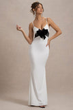 Rumi White Satin Strappy Maxi Dress With Velvet Bow