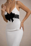 Rumi White Satin Strappy Maxi Dress With Velvet Bow
