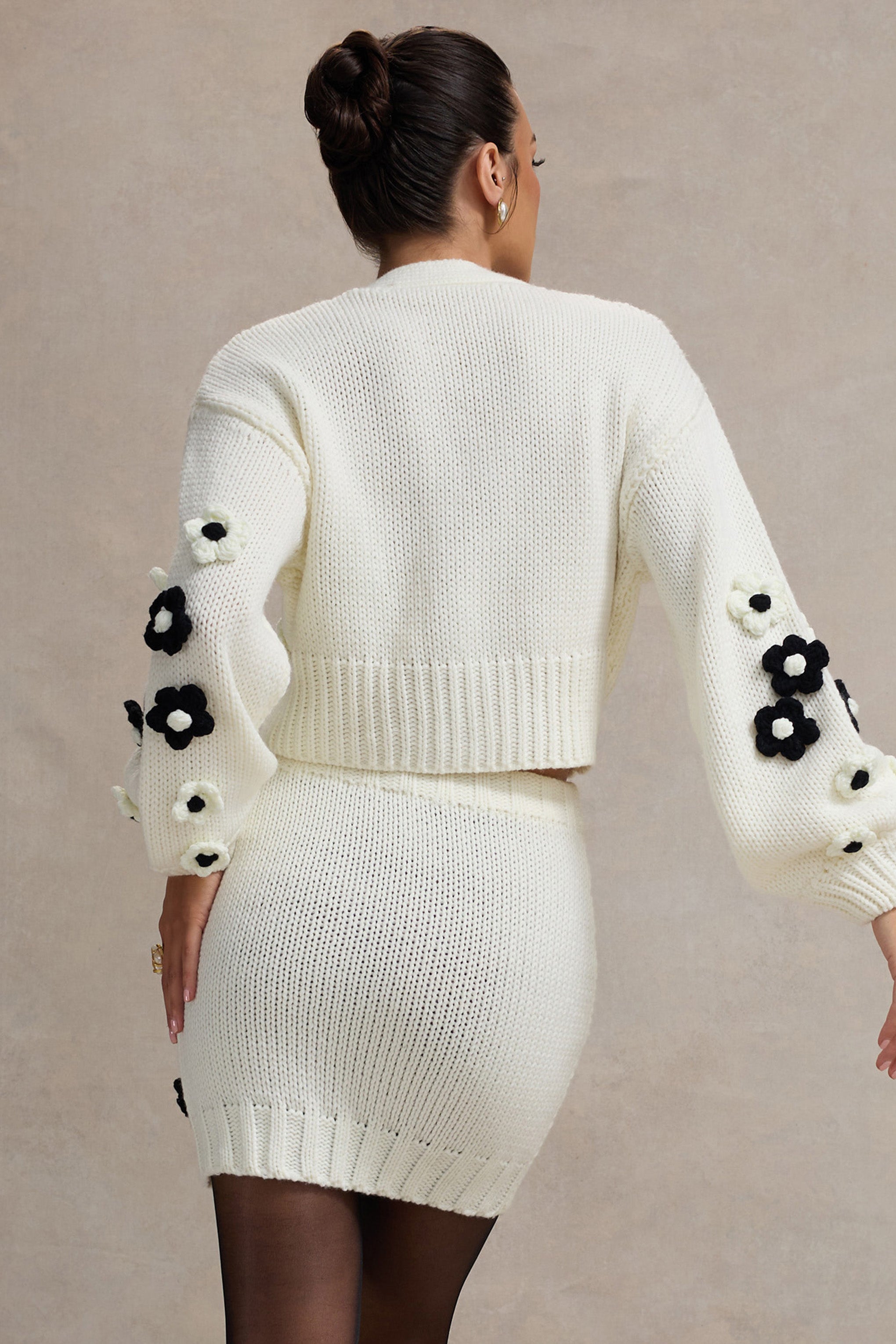 Louvre Cream & Black Knit Cropped Floral Cardigan