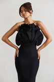 Oria Black Ruffled Strapless Midi Dress