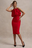 Oria Red Ruffled Strapless Midi Dress