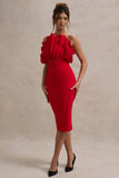 Oria Red Ruffled Strapless Midi Dress
