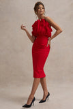 Oria Red Ruffled Strapless Midi Dress