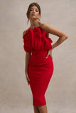 Oria Red Ruffled Strapless Midi Dress