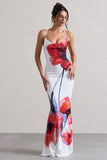 Tamia White Poppy Print Cowl-Neck Maxi Dress