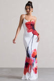 Tamia White Poppy Print Cowl-Neck Maxi Dress