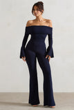 Shauna Navy Bardot Long-Sleeve Flared Jumpsuit