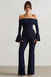 Shauna Navy Bardot Long-Sleeve Flared Jumpsuit