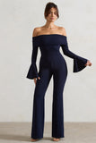 Shauna Navy Bardot Long-Sleeve Flared Jumpsuit