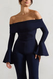 Shauna Navy Bardot Long-Sleeve Flared Jumpsuit