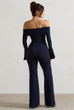 Shauna Navy Bardot Long-Sleeve Flared Jumpsuit