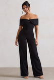 Harleen Black Bow Bardot Wide-Leg Jumpsuit