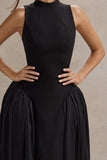 Napoli Black High-Neck Volume-Skirt Midi Dress