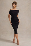 Rayleigh Black Bardot Ruched Midi Dress