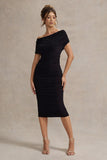 Rayleigh Black Bardot Ruched Midi Dress