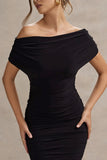 Rayleigh Black Bardot Ruched Midi Dress