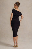 Rayleigh Black Bardot Ruched Midi Dress