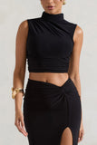 Ischia Black High-Neck Ruched Top
