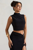 Ischia Black High-Neck Ruched Top
