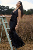 Sunset Tales Black Satin Devore Plunge-Neck Maxi Dress