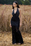 Sunset Tales Black Satin Devore Plunge-Neck Maxi Dress