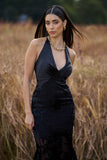 Sunset Tales Black Satin Devore Plunge-Neck Maxi Dress
