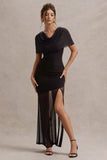 Gomez Black Mesh Cowl-Neck Split Maxi Dress