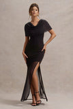 Gomez Black Mesh Cowl-Neck Split Maxi Dress