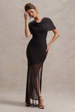 Gomez Black Mesh Cowl-Neck Split Maxi Dress