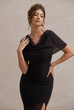 Gomez Black Mesh Cowl-Neck Split Maxi Dress
