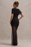 Gomez Black Mesh Cowl-Neck Split Maxi Dress
