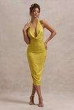 Maciza Mustard Satin Jacquard Cowl-Neck Midi Dress