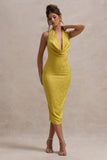 Maciza Mustard Satin Jacquard Cowl-Neck Midi Dress
