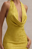 Maciza Mustard Satin Jacquard Cowl-Neck Midi Dress