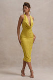 Maciza Mustard Satin Jacquard Cowl-Neck Midi Dress