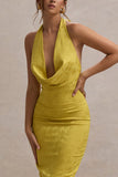Maciza Mustard Satin Jacquard Cowl-Neck Midi Dress