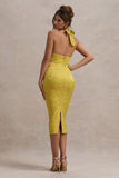 Maciza Mustard Satin Jacquard Cowl-Neck Midi Dress