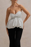 Divina White & Black Polka Dot Strapless Ruffled Jumpsuit