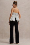Divina White & Black Polka Dot Strapless Ruffled Jumpsuit