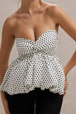 Divina White & Black Polka Dot Strapless Ruffled Jumpsuit