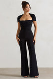 Silvanna Black Ruched Square-Neck Flared-Leg Jumpsuit