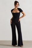 Silvanna Black Ruched Square-Neck Flared-Leg Jumpsuit