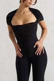 Silvanna Black Ruched Square-Neck Flared-Leg Jumpsuit