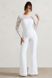 Amari White Lace Long-Sleeve Flared-Leg Jumpsuit