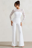 Amari White Lace Long-Sleeve Flared-Leg Jumpsuit