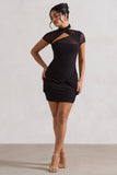 Mandi Black Mesh Halter-Neck Cut-Out Mini Dress