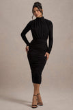 Dasha Black Ruched High-Neck Long-Sleeve Midi Dress