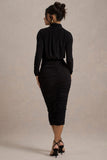 Dasha Black Ruched High-Neck Long-Sleeve Midi Dress