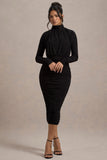 Dasha Black Ruched High-Neck Long-Sleeve Midi Dress