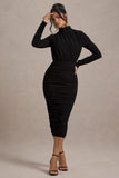 Dasha Black Ruched High-Neck Long-Sleeve Midi Dress